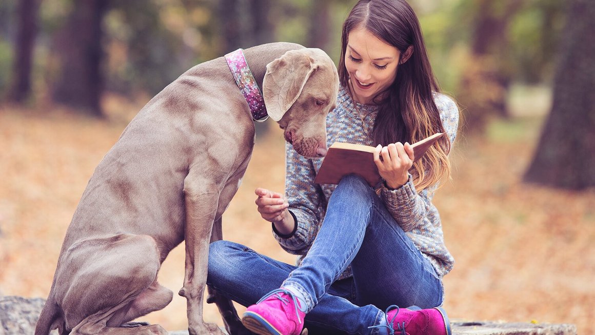 Young woman with dog reads a book in nature during a digital detox