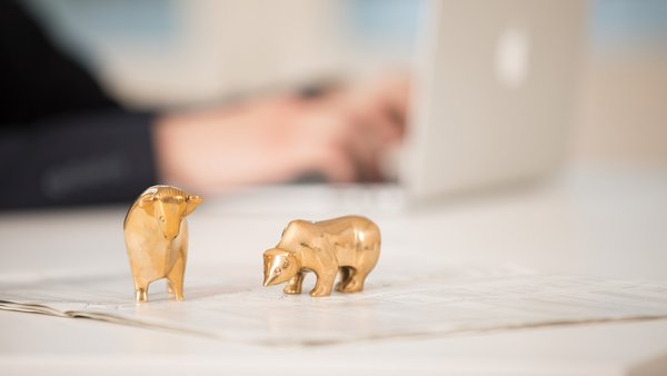 OVB Hauptversammlung Goldene Figuren von Bulle und Bär auf einem Tisch vor einem Laptop – symbolisieren Kapitalmarkt und Aktionärsversammlungen.
